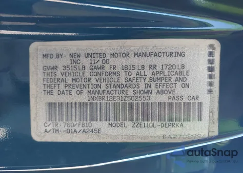 2001 Toyota Corolla Ce z USA, uszkodzony, nr VIN 1NXBR12E31Z502553